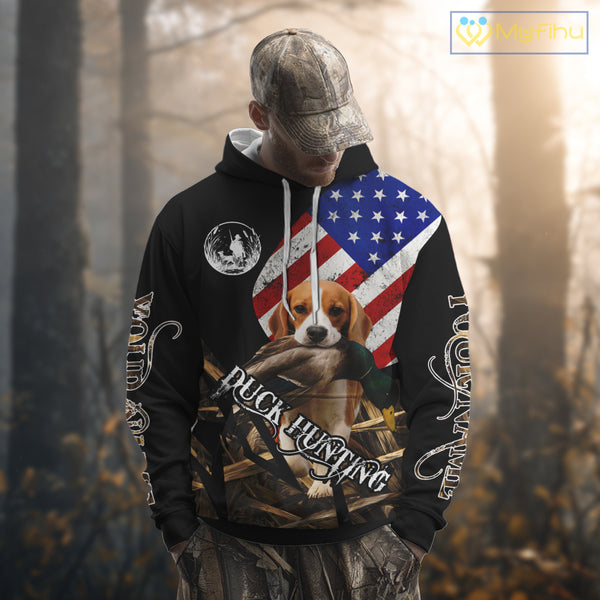 Duck Hunting with Beagle Dog Camo US Flag Custom Name All Over Printed Shirt, Hunting Gift NHT149