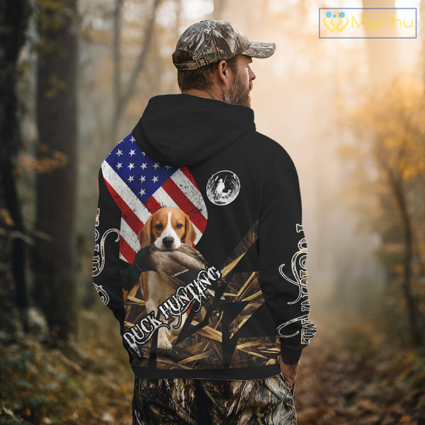 Duck Hunting with Beagle Dog Camo US Flag Custom Name All Over Printed Shirt, Hunting Gift NHT149