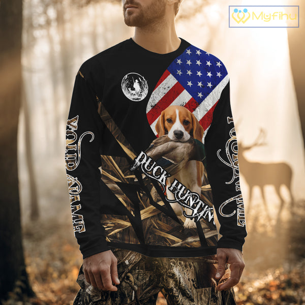 Duck Hunting with Beagle Dog Camo US Flag Custom Name All Over Printed Shirt, Hunting Gift NHT149