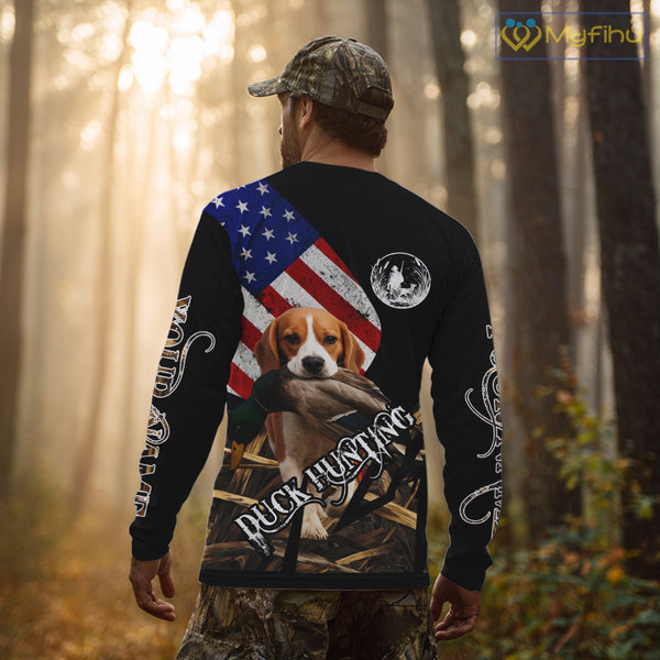 Duck Hunting with Beagle Dog Camo US Flag Custom Name All Over Printed Shirt, Hunting Gift NHT149
