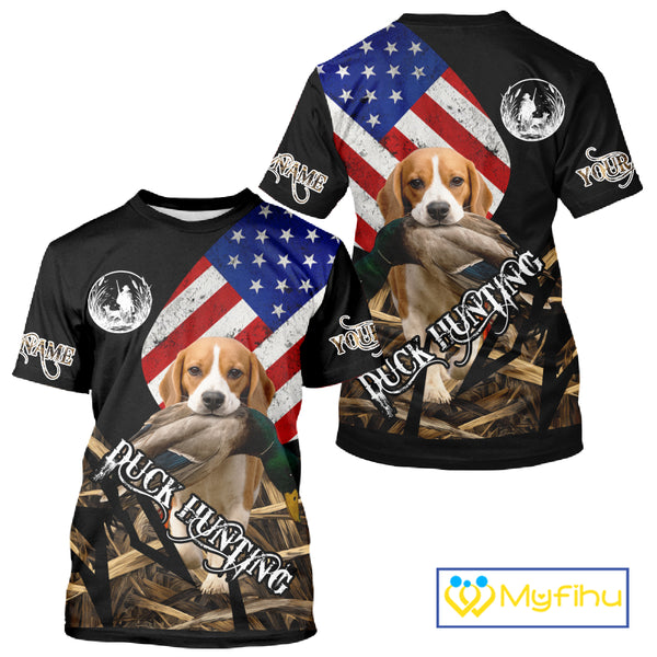 Duck Hunting with Beagle Dog Camo US Flag Custom Name All Over Printed Shirt, Hunting Gift NHT149