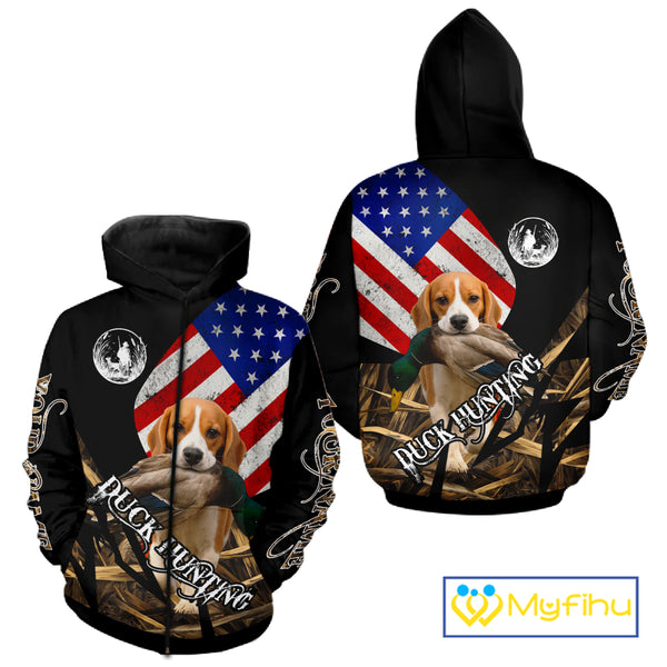 Duck Hunting with Beagle Dog Camo US Flag Custom Name All Over Printed Shirt, Hunting Gift NHT149