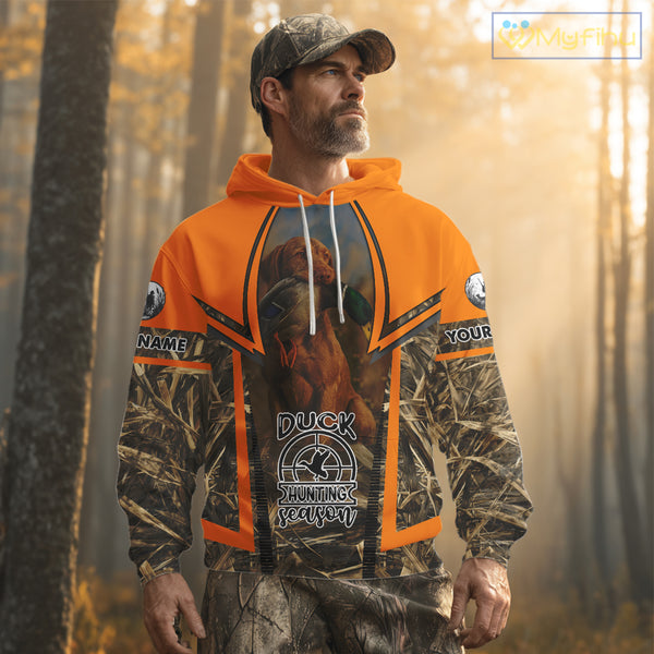 Duck Hunting Shirt Personalized with Vizsla Dog Camo Orange Hunting Clothes For Men NHT151