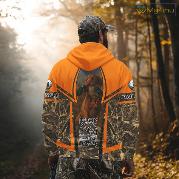Duck Hunting Shirt Personalized with Vizsla Dog Camo Orange Hunting Clothes For Men NHT151