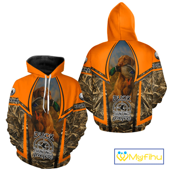 Duck Hunting Shirt Personalized with Vizsla Dog Camo Orange Hunting Clothes For Men NHT151