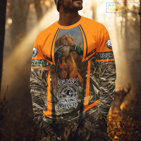 Duck Hunting Shirt Personalized with Vizsla Dog Camo Orange Hunting Clothes For Men NHT151