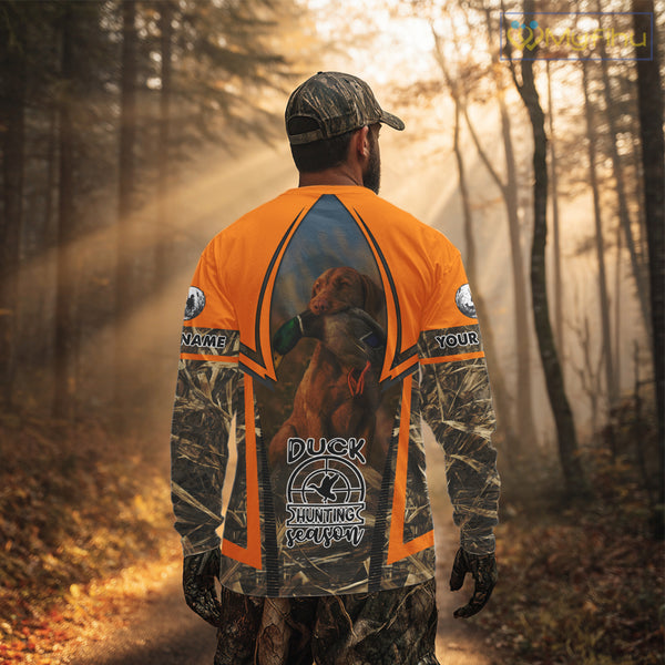 Duck Hunting Shirt Personalized with Vizsla Dog Camo Orange Hunting Clothes For Men NHT151