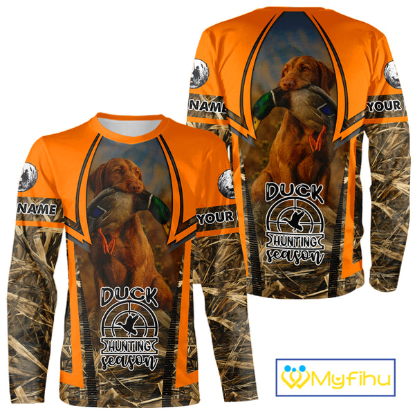 Duck Hunting Shirt Personalized with Vizsla Dog Camo Orange Hunting Clothes For Men NHT151