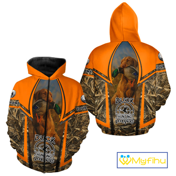 Duck Hunting Shirt Personalized with Vizsla Dog Camo Orange Hunting Clothes For Men NHT151