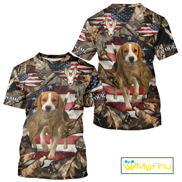 Rabbit Hunting with Beagle Skull 3D US Flag Forest Camo Custom Hunting Shirt – Hunting Gift NHT162