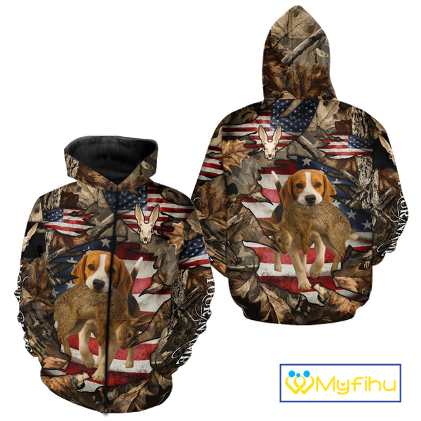 Rabbit Hunting with Beagle Skull 3D US Flag Forest Camo Custom Hunting Shirt – Hunting Gift NHT162