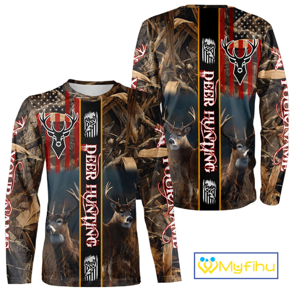 Whitetail Deer Camouflage US Flag Personalized Hunting Shirts, Hoodie Hunting Gift NHT321