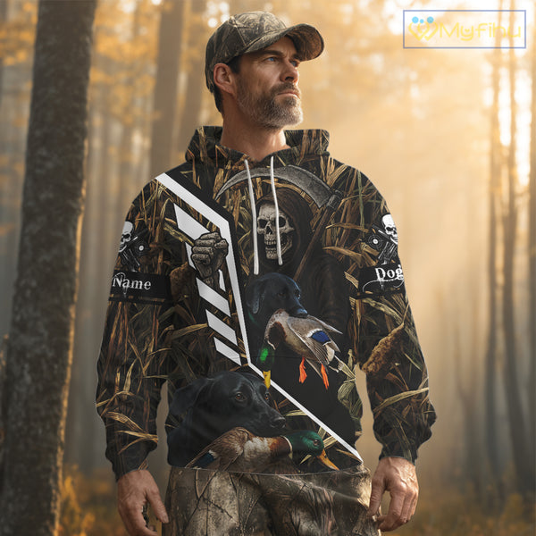 Waterfowl Hunting Shirt Camo Personalized with Black Lab Dog and Grim Reaper, Hunting Gifts NHT168