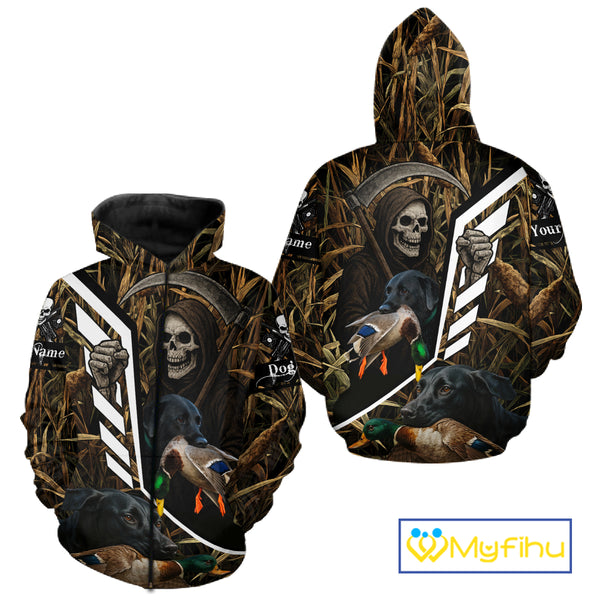 Waterfowl Hunting Shirt Camo Personalized with Black Lab Dog and Grim Reaper, Hunting Gifts NHT168