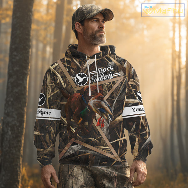 Mallard Duck Hunting Shirts With Dog Chocolate Lab, Personalized Hunting Clothes NHT183