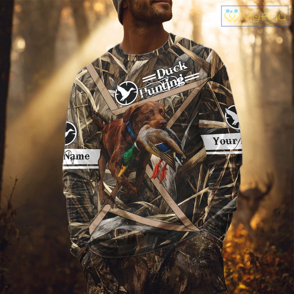 Mallard Duck Hunting Shirts With Dog Chocolate Lab, Personalized Hunting Clothes NHT183