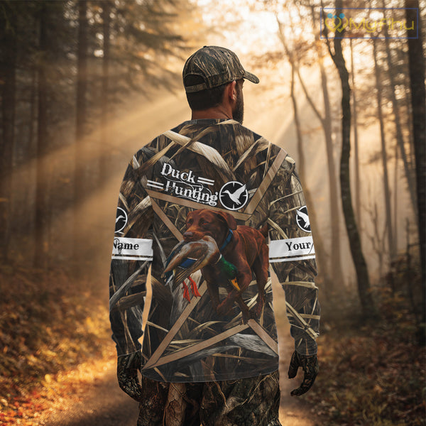 Mallard Duck Hunting Shirts With Dog Chocolate Lab, Personalized Hunting Clothes NHT183