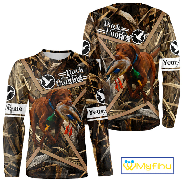 Mallard Duck Hunting Shirts With Dog Chocolate Lab, Personalized Hunting Clothes NHT183
