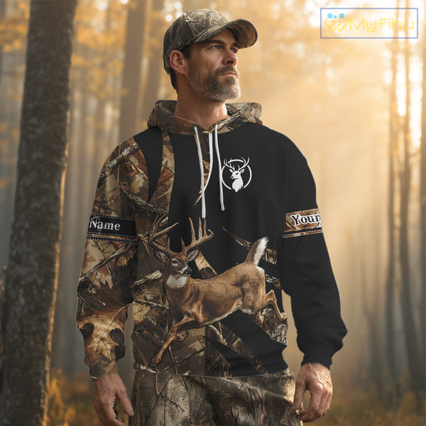Deer Hunting Big Buck Jumping Camouflage Custom Name All Over Print Shirt Deer Hunting Gifts NHT195