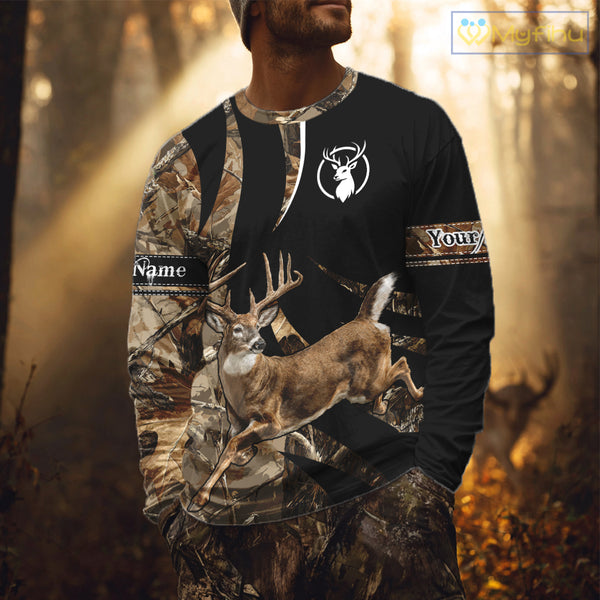 Deer Hunting Big Buck Jumping Camouflage Custom Name All Over Print Shirt Deer Hunting Gifts NHT195