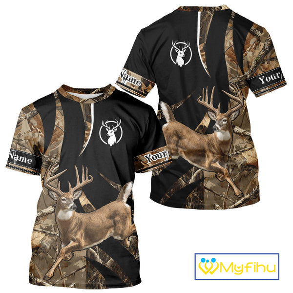 Deer Hunting Big Buck Jumping Camouflage Custom Name All Over Print Shirt Deer Hunting Gifts NHT195