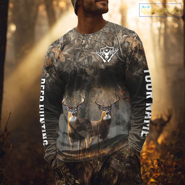 Personalized Forest Camo Deer Hunting Clothes Custom Name Whitetail Deer Design Hunting Hoodie NBT305