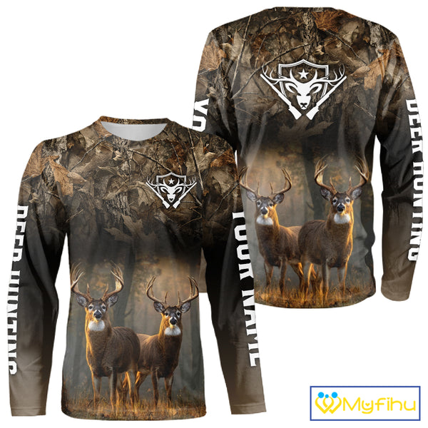 Personalized Forest Camo Deer Hunting Clothes Custom Name Whitetail Deer Design Hunting Hoodie NBT305