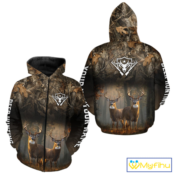 Personalized Forest Camo Deer Hunting Clothes Custom Name Whitetail Deer Design Hunting Hoodie NBT305