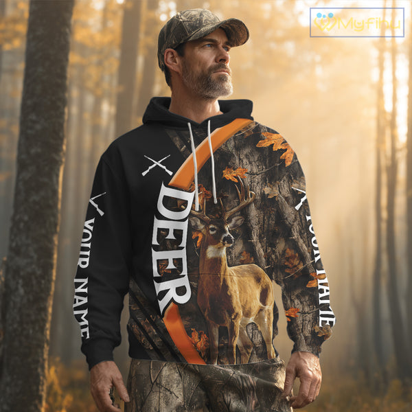 Whitetail Deer Hunting Shirt Custom Name Orange Autumn Leaves Camo, Season Hunting Hoodies For Men NBT307