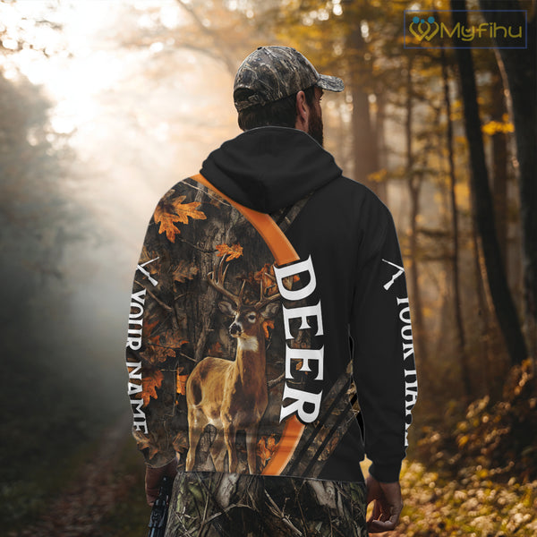 Whitetail Deer Hunting Shirt Custom Name Orange Autumn Leaves Camo, Season Hunting Hoodies For Men NBT307
