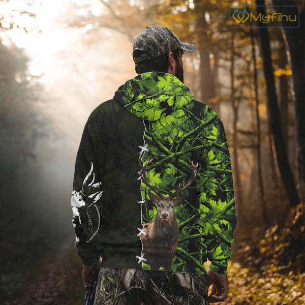 Green Camo Deer Hunting Hoodie, Longsleeve Shirt for Deer Season, Hunting Gifts for Men NBT10