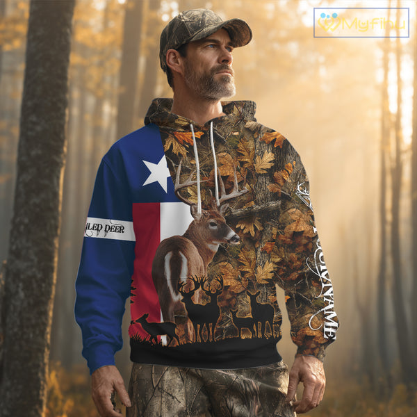 Texas Flag Fall Camo Deer Hunting Hoodie, Longsleeve Shirt - Personalized Name Option NBT12