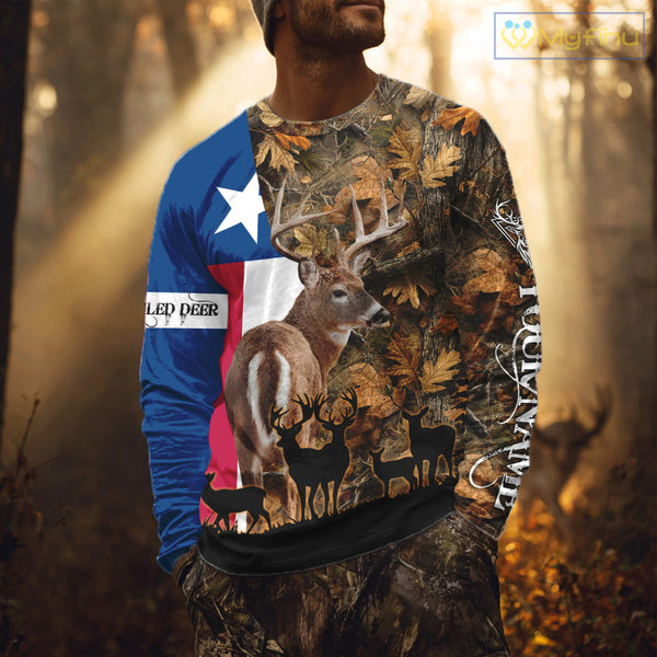 Texas Flag Fall Camo Deer Hunting Hoodie, Longsleeve Shirt - Personalized Name Option NBT12