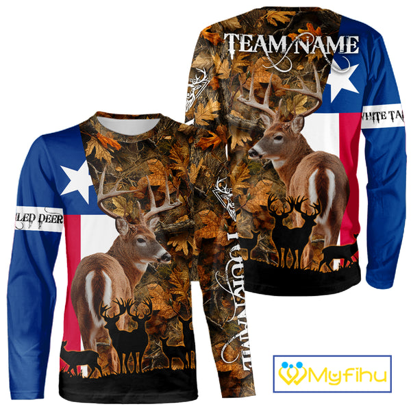 Texas Flag Fall Camo Deer Hunting Hoodie, Longsleeve Shirt - Personalized Name Option NBT12