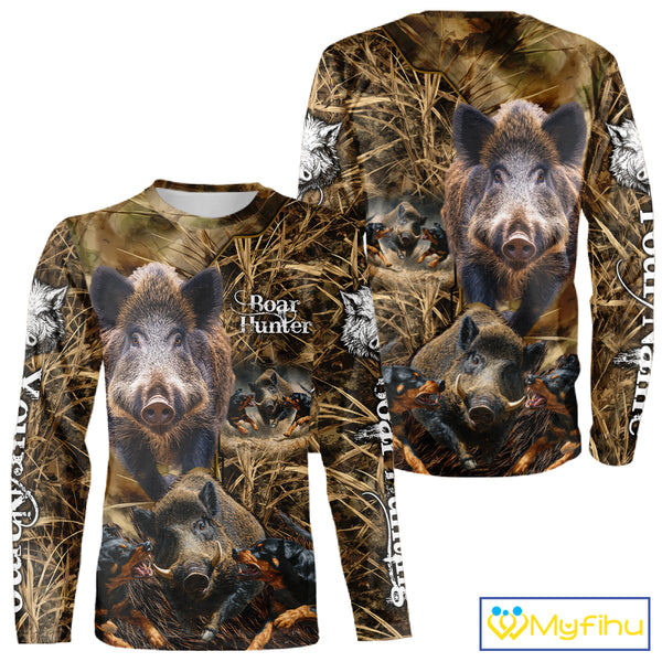 Wild Boar Hunting Camo Custom Name Shirts, Personalized Boar Hunting Clothes, Hunting Gifts NBT108