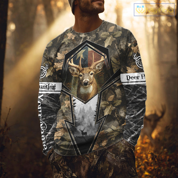 Deer Hunting Camouflage TX Flag Custom Name All Over Print Shirts, Personalized Hunting Clothes NBT110