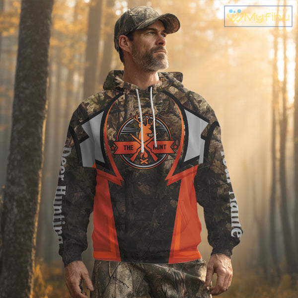 Orange Deer Hunting Brown Camouflage 3D Custom Name Shirts, Best Camo Deer Hunting Gift NBT204