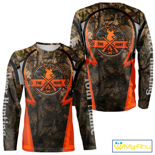 Orange Deer Hunting Brown Camouflage 3D Custom Name Shirts, Best Camo Deer Hunting Gift NBT204