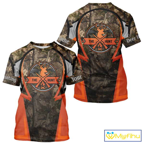 Orange Deer Hunting Brown Camouflage 3D Custom Name Shirts, Best Camo Deer Hunting Gift NBT204