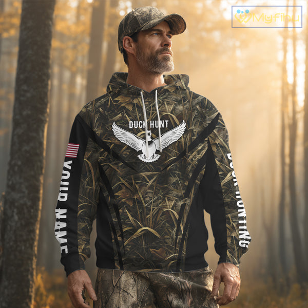 Best Duck Hunting Camouflage with US Flag Detail 3D Printed Shirts, Duck Hunting Gifts NBT205