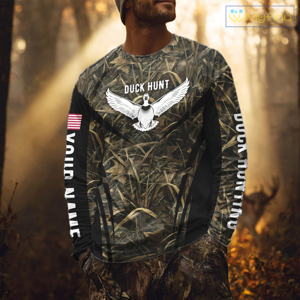 Best Duck Hunting Camouflage with US Flag Detail 3D Printed Shirts, Duck Hunting Gifts NBT205