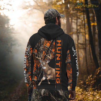Personalized Whitetail Deer Hunting Orange Camo 3D All Over Printed Hoodie Hunting Shirt NBT316
