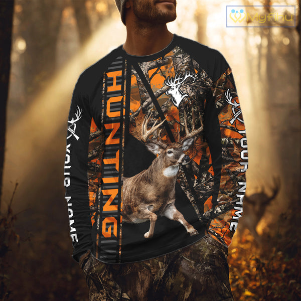 Personalized Whitetail Deer Hunting Orange Camo 3D All Over Printed Hoodie Hunting Shirt NBT316