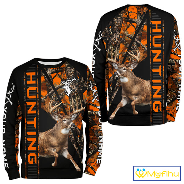 Personalized Whitetail Deer Hunting Orange Camo 3D All Over Printed Hoodie Hunting Shirt NBT316