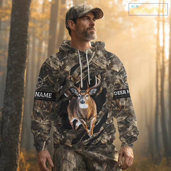 Personalized Whitetail Deer Hunting Custom Name Camo Shirt, Hunting Hoodie Sweatshirt for Men NBT320
