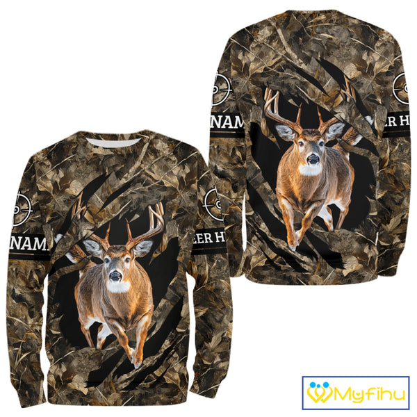 Personalized Whitetail Deer Hunting Custom Name Camo Shirt, Hunting Hoodie Sweatshirt for Men NBT320