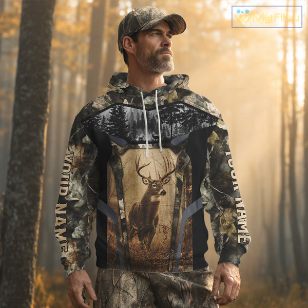 Personalized Whitetail Deer Hunting Forest Camo 3D Printed Shirts, Deer Hunting Camouflage Shirt NBT221