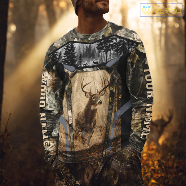Personalized Whitetail Deer Hunting Forest Camo 3D Printed Shirts, Deer Hunting Camouflage Shirt NBT221