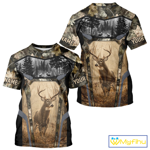 Personalized Whitetail Deer Hunting Forest Camo 3D Printed Shirts, Deer Hunting Camouflage Shirt NBT221