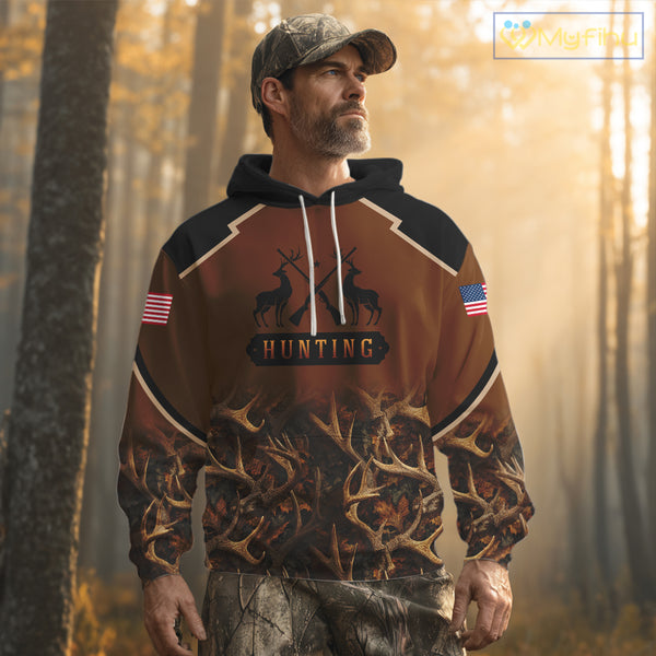 Brown Camo Deer Hunting Shirts with American Flag for Men, Hunting Gift Ideas for Hunters NBT223